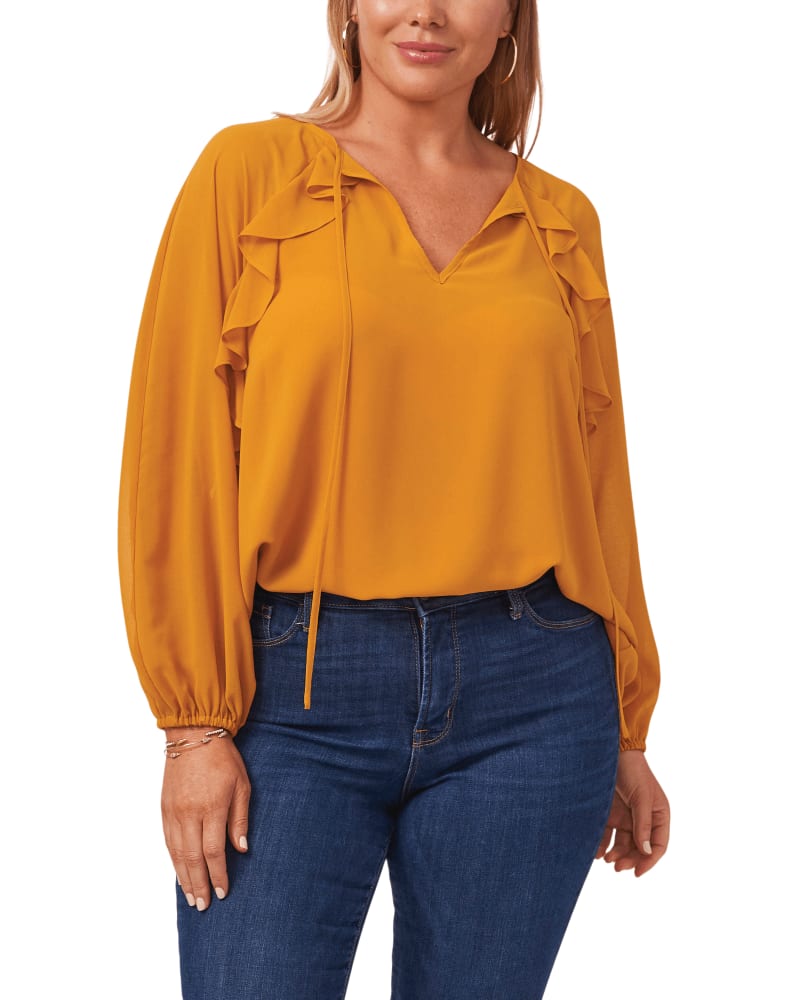 Front of a model wearing a size 0X Amaya Sheer Ruffled Top in SAFFRON by 1.State. | dia_product_style_image_id:262285